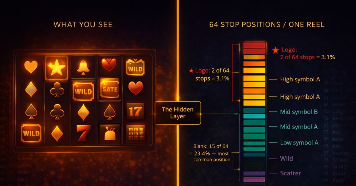 symbol weighting in slots — reel strip diagram showing 64 stop positions with premium symbols scarce and blanks dominant