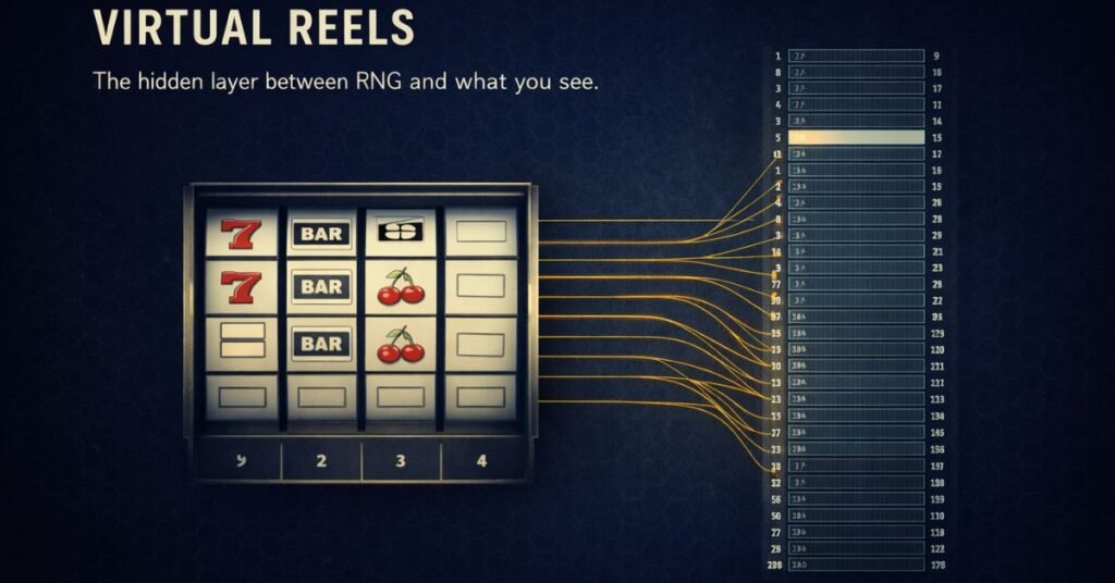 virtual reels slots explained — the mapping mechanism between RNG numbers and displayed symbols, with reel strip data structure visible