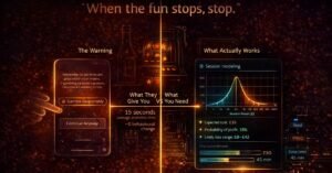 responsible gambling warnings fail — split composition showing generic warning message versus mathematical session outcome model