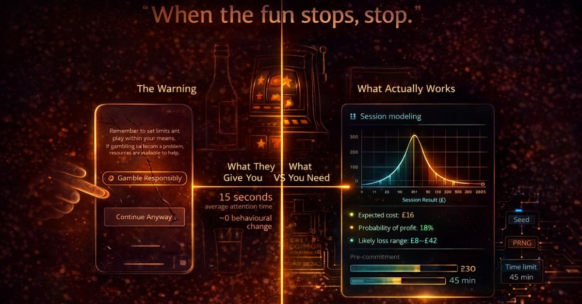 responsible gambling warnings fail — split composition showing generic warning message versus mathematical session outcome model